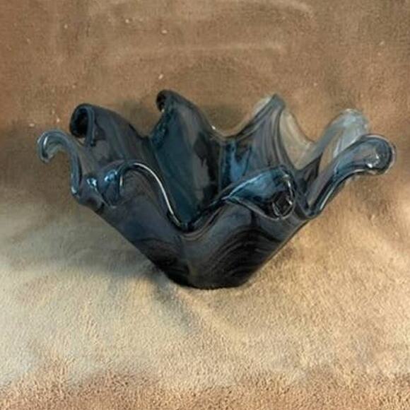 Vintage Murano Smokey Gray/Black/Copper Glitter Dust -Art Glass Wave Bowl - Picture 5 of 9